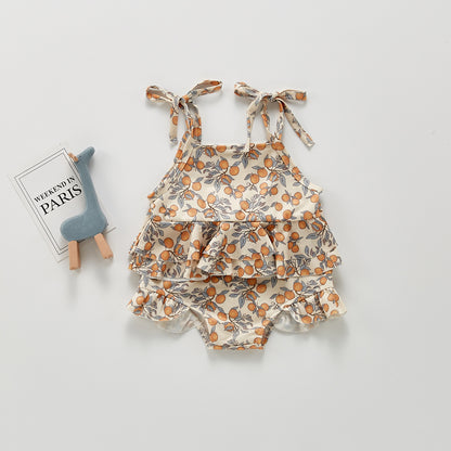 Cute Lemon Floral Ruffled One-Piece Swimsuit - Brown Sling 80cm - baby swimsuit