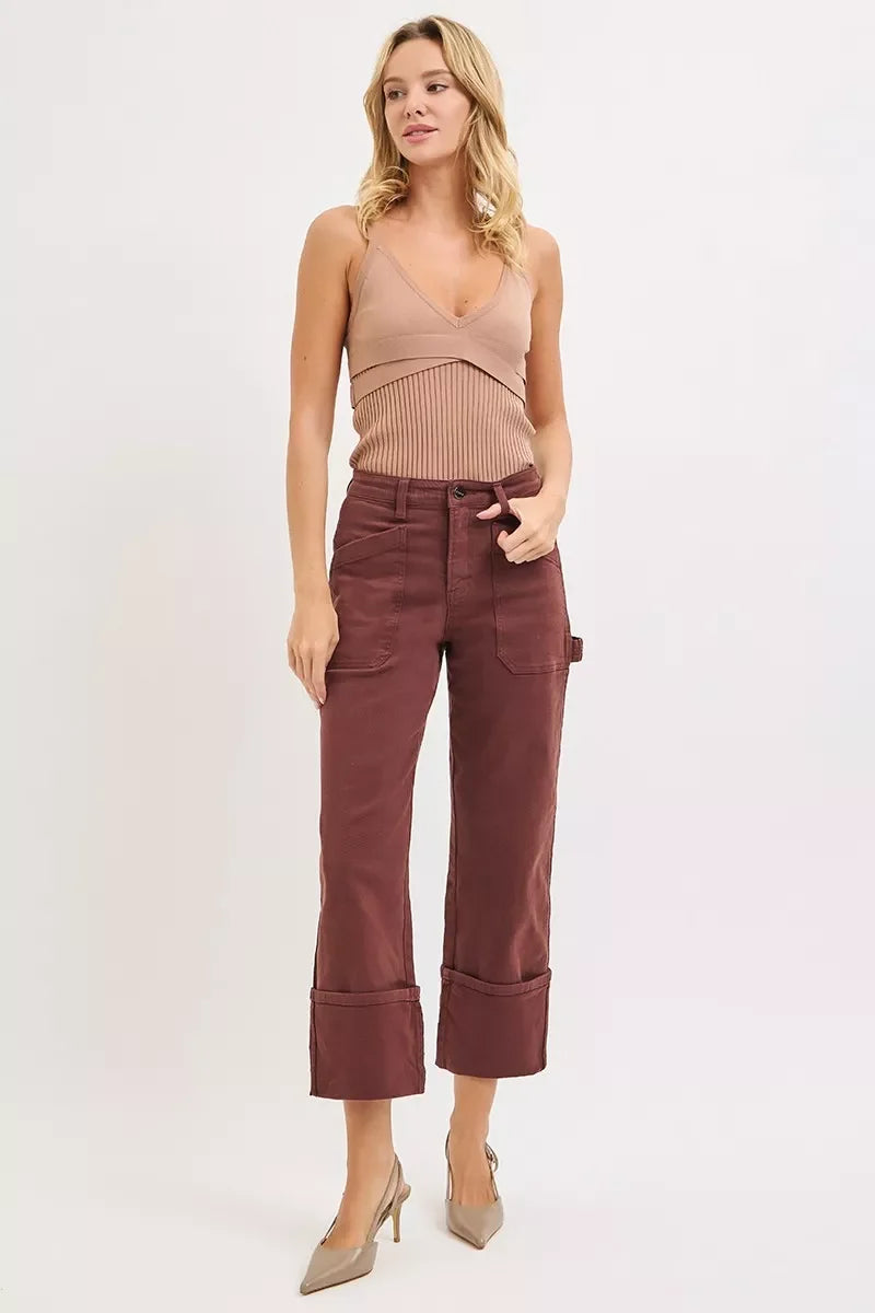 RISEN High Rise Wide Straight Cuffed Patch Jeans - - jeans