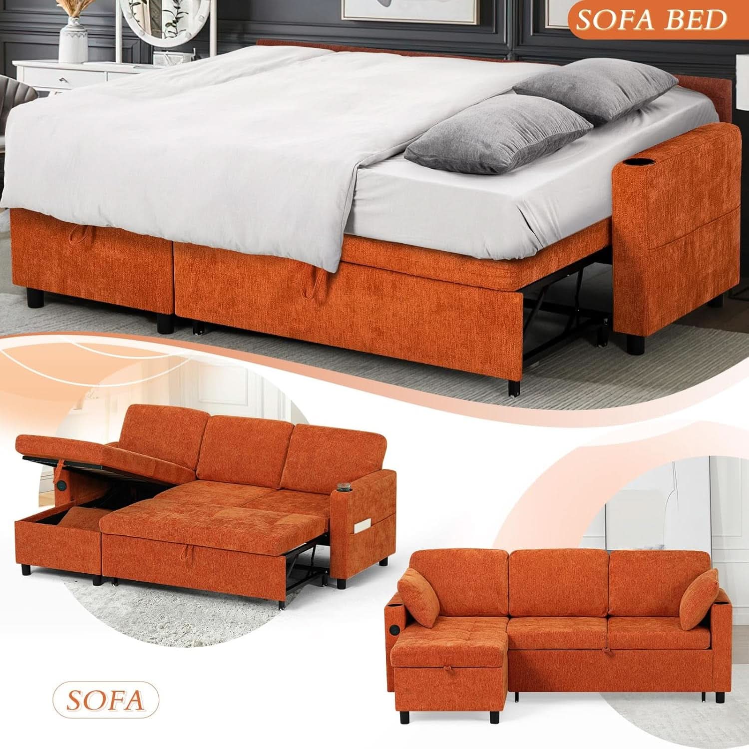 84Inches BrightOrange Chenille Pullout Sofa Bed USBPort- ShipItFurniture- {{Product type}}