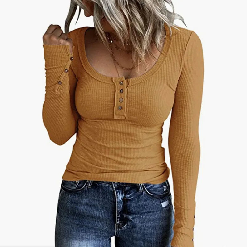 Casual Knit Button Long Sleeve Ladies T Shirt