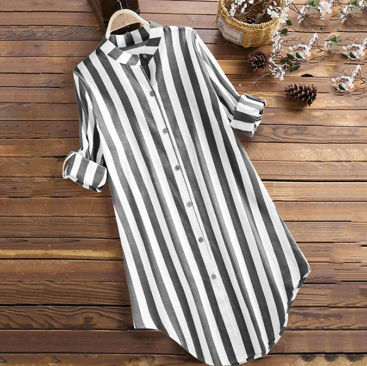 Long Style Striped Blouse Loose Long Sleeve Lapel Button Casual Shirt