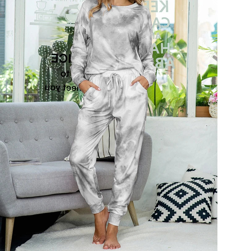 2 Piece Set Tie-Dye Printed Pajamas Long-Sleeved for Ladies