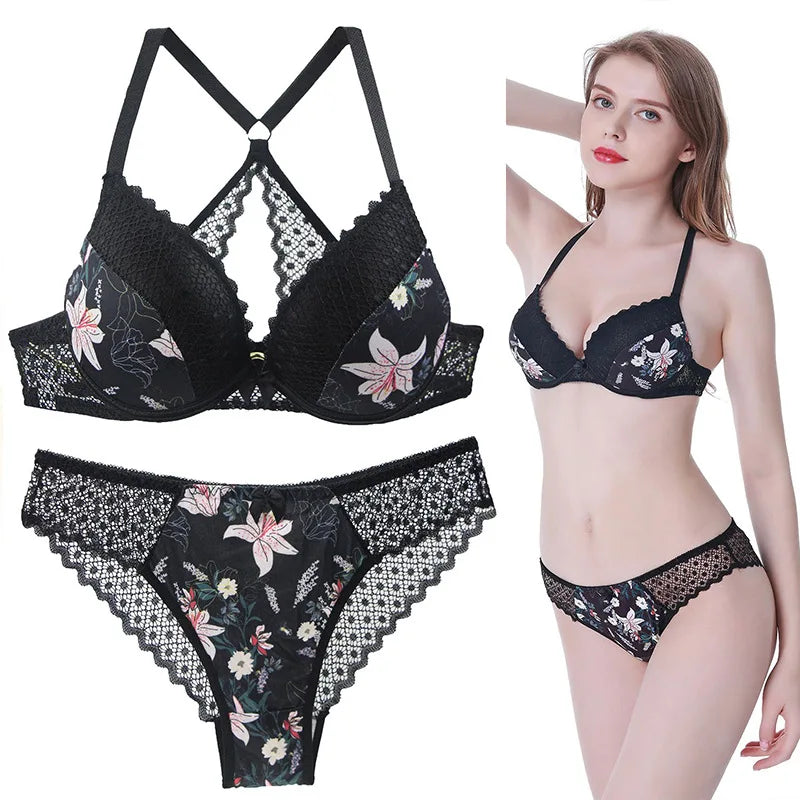 Size Shaper Back Bra Set Print Female Lace French Underwear Set