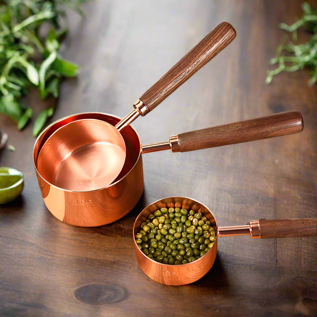 Measuring Set Rose Gold Wooden Handle Stainless Steel Measuring Cups and Spoons