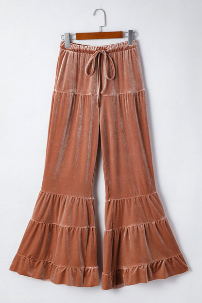 Straw Yellow Mineral Wash Lace-up High Waist Tiered Bell Bottom Pants - - Bottoms/Pants & Culotte