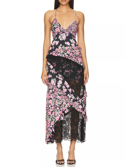 Lace Floral Print Ruffle Trim Maxi Dress - Black -