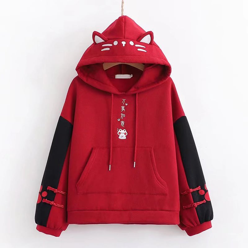 Color Contrast Cartoon Cat Embroidered Hoodie - Red S - hoodie