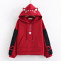Color Contrast Cartoon Cat Embroidered Hoodie - Red S - hoodie
