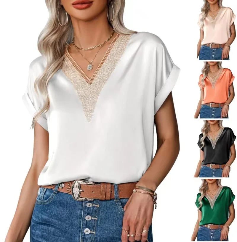 Summer Women's Blouses & Shirts V-Neck Fashion Ladies Loose Short-Sleeve Shirt