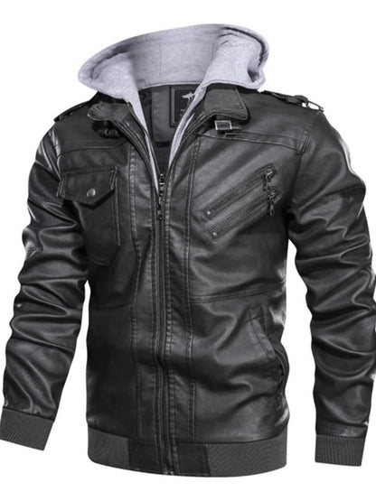 Men's Full Size Vintage Hooded Leather Jacket Plus Size - -