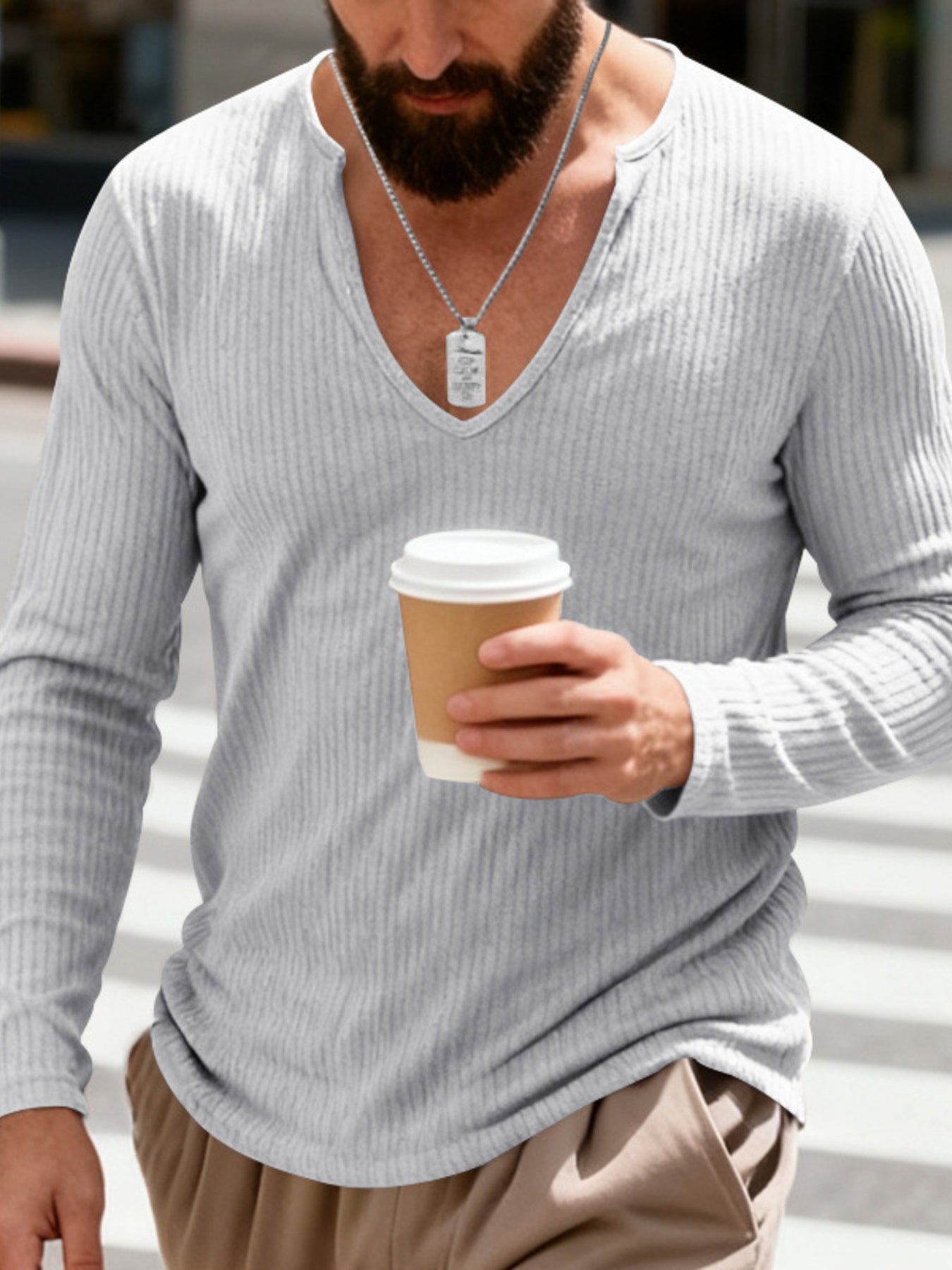 Men's Full Size Casual Ribbed Long Sleeve T-Shirt Plus Size - Light Gray -