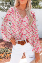Printed Notched Long Sleeve Blouse - Blush Pink -