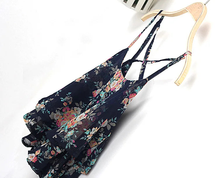 Floral Print Tank Top Summer Style Spaghetti Strap Casual Tops Double Chiffon