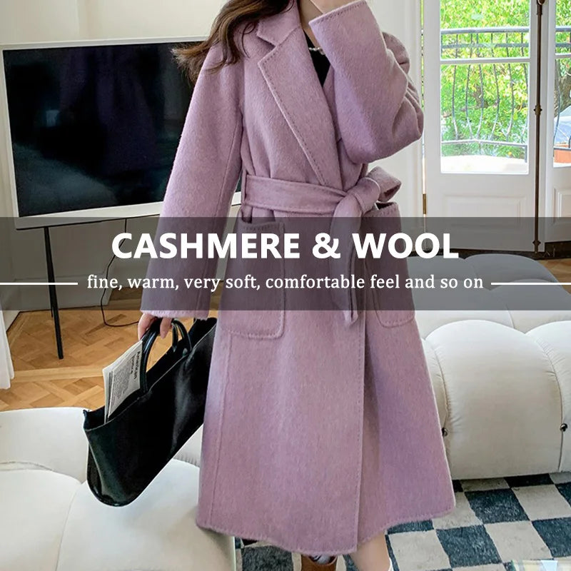 Big Turn Down Collar Cashmere Coat Ladies Pure Color Wool Coat Women Winter Coat