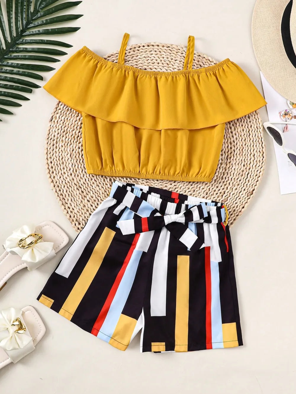 Children's Ruffled Spaghetti Strap Top and Pants Set - Gold -
