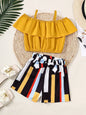 Children's Ruffled Spaghetti Strap Top and Pants Set - Gold -
