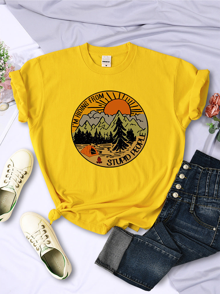 I'm Hiding From Stupid People Camping Scenery Women's Tops Hip-hop Fashion Street See size chart under “more details” - Yellow - Tops