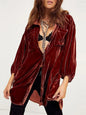 Collared Neck Button Down Long Sleeve Shirt - Brown -