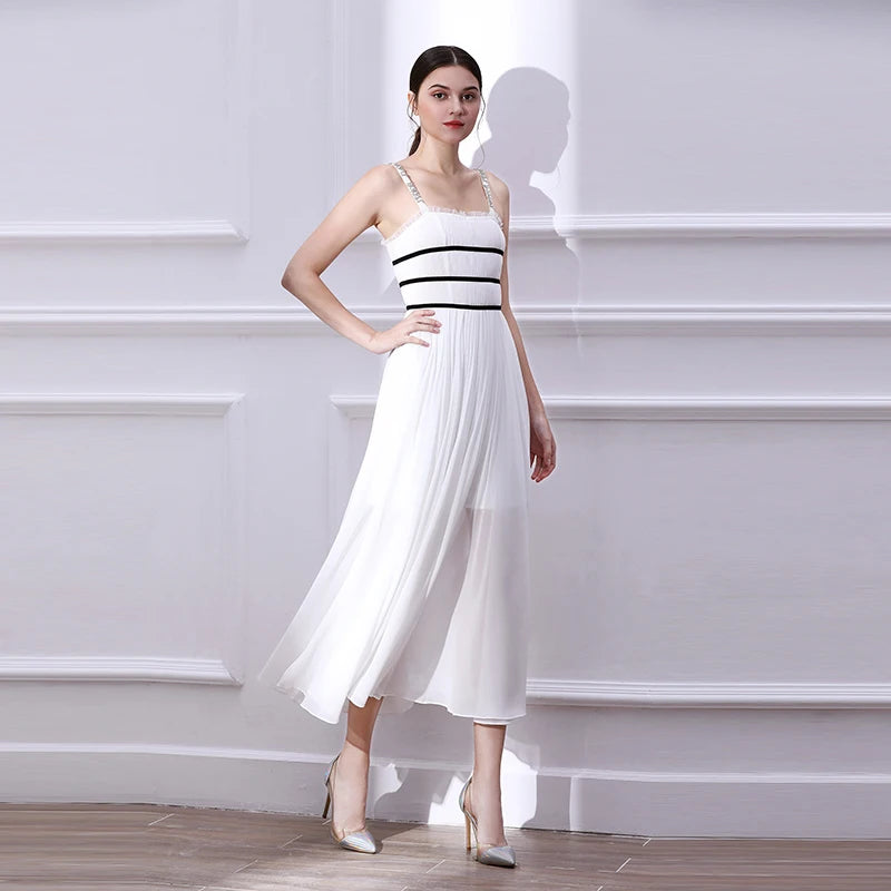 Backless Long White Strap Women Party Dress Made of Chiffon