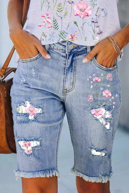 Womens Distressed Denim Shorts - Petal appliqu top print M - shorts