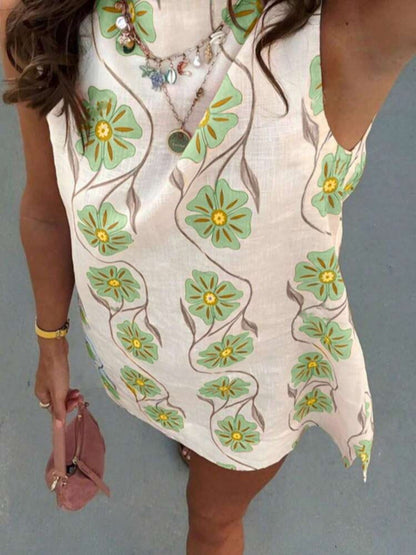Floral Pattern Sleeveless Mini Dress - -