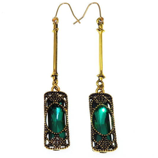 Long Vintage Gemstone Dangle Earrings in Antique Bronze - - earrings