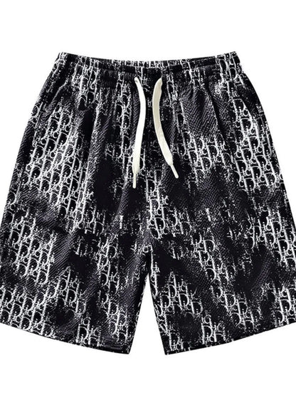 Men's Plus Size Abstract Print Drawstring Shorts - Black -
