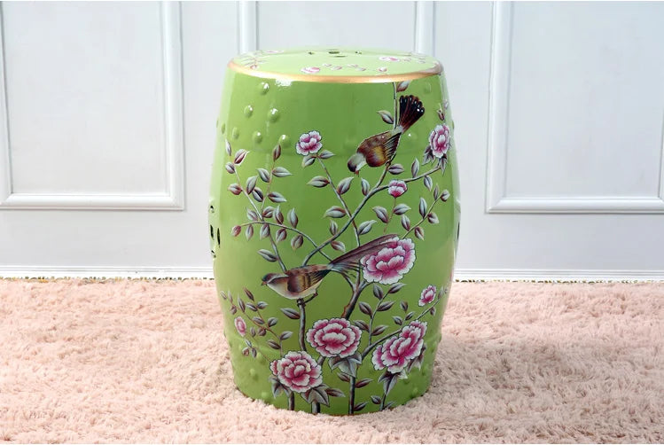 Decorative Drum Ceramic Stools Hand Painted Chinese Flower and Bird Pattern Art