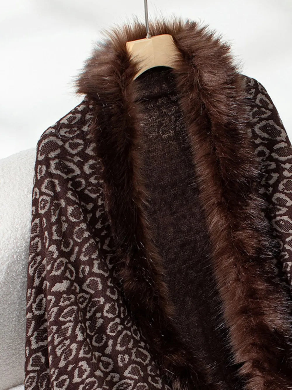 Fringe Leopard Open Front Long Sleeve Poncho - -