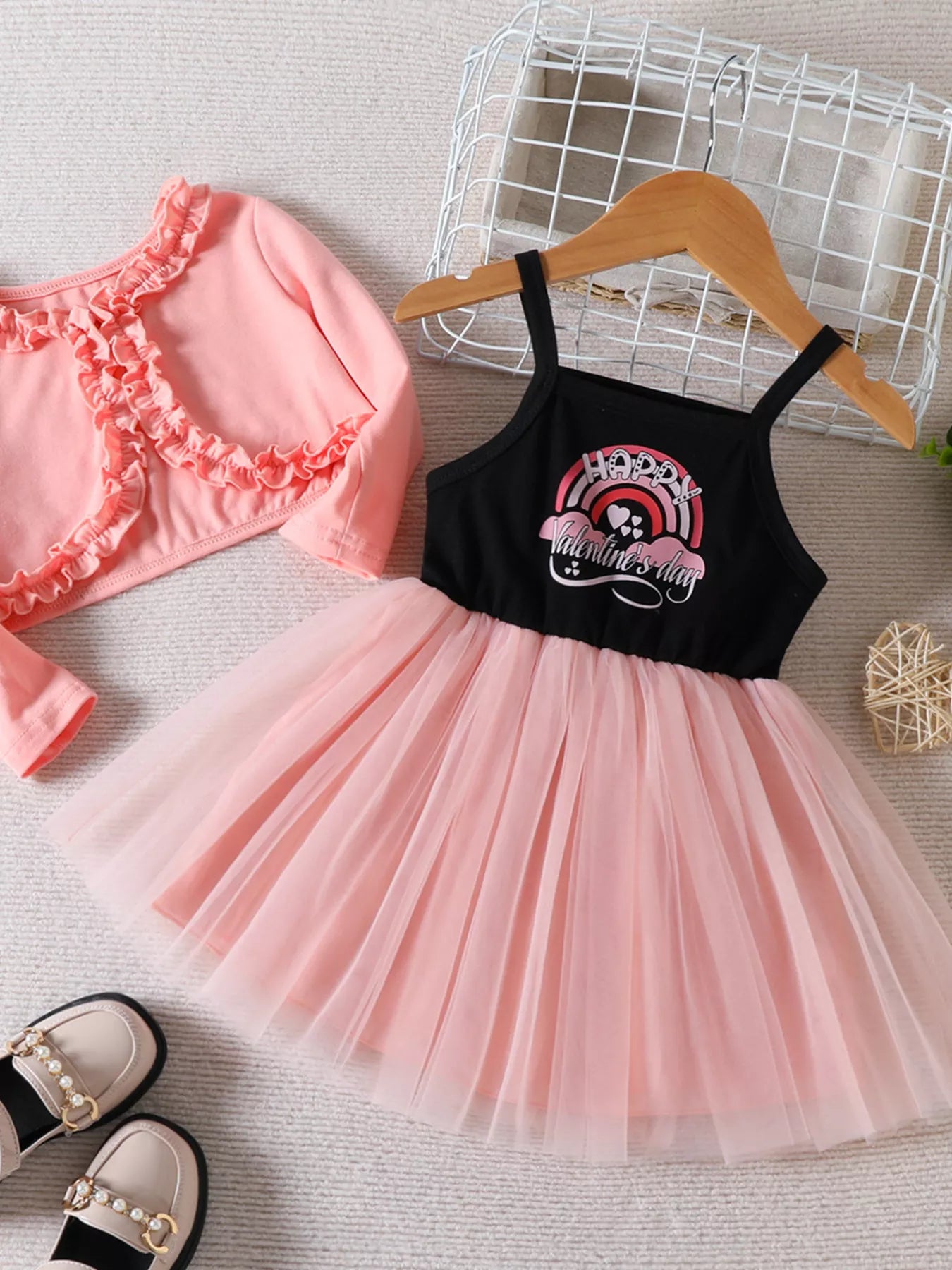 Children's Frill Cardigan and Rainbow Print Tulle Dress Set - Pink -