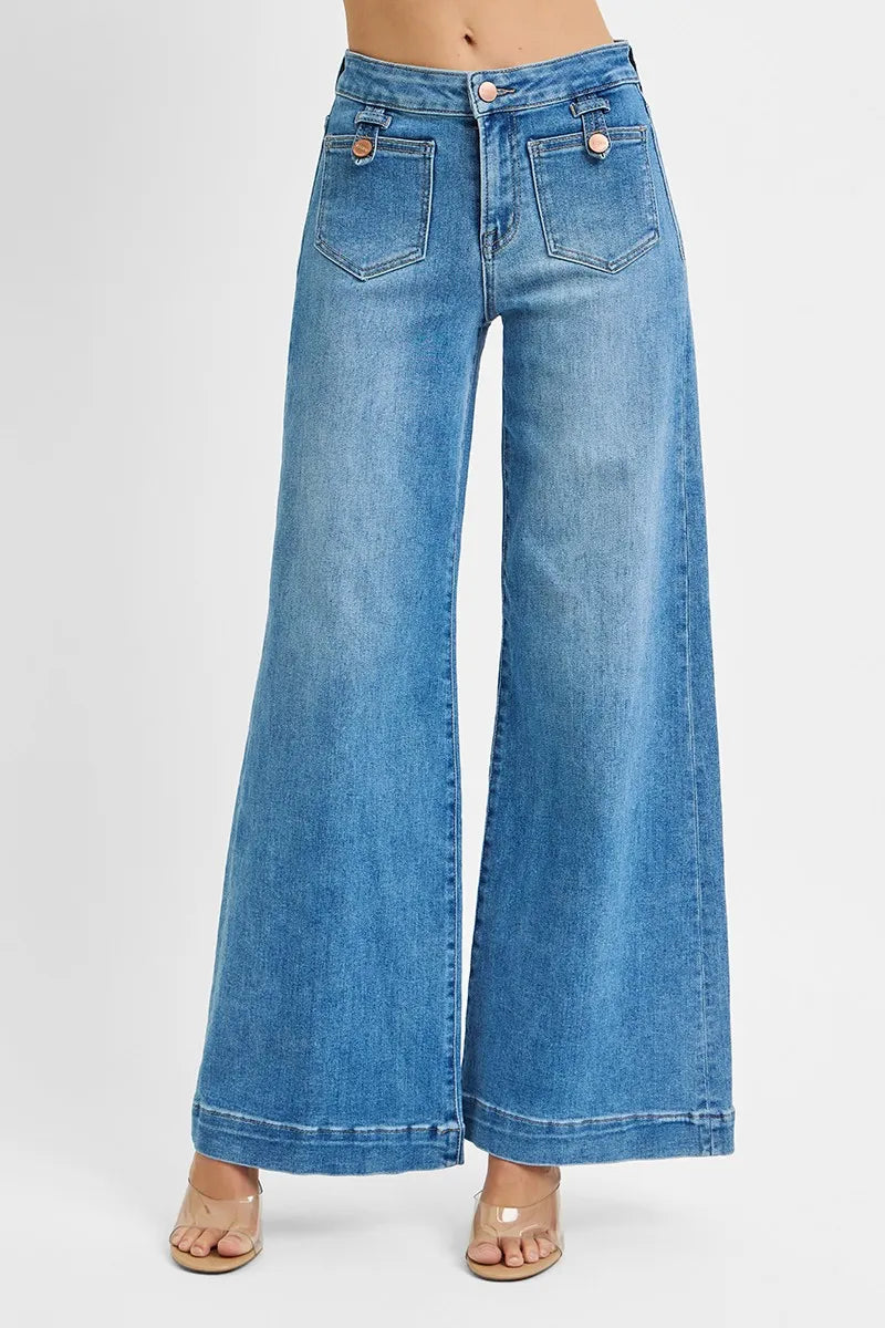 RISEN Light Blue Mid Rise Wide Front Patch Pocket Denim Jeans - - jeans