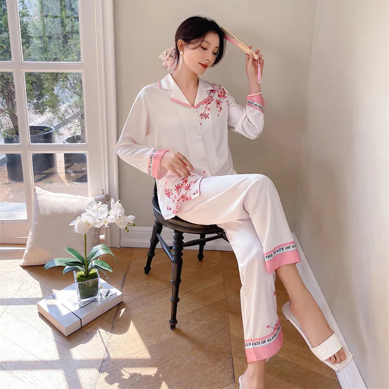 Women's Silk Pajamas Lapel Satin Sleepwear Long Sleeve Lady Night Wear