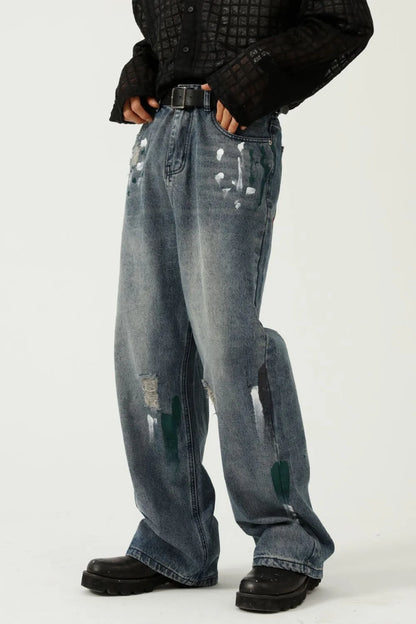 Washed Distressed Wide-Leg Jeans - -