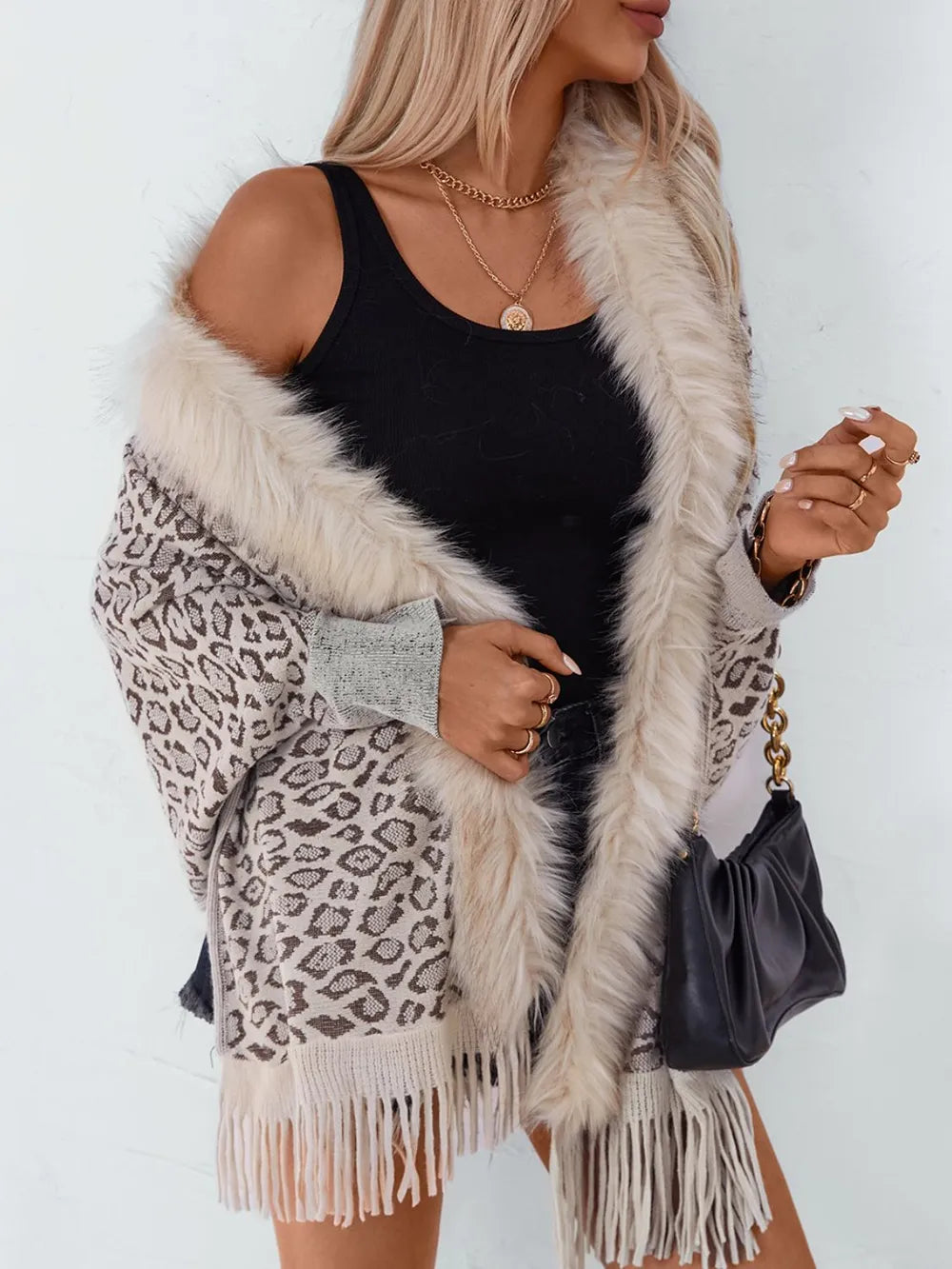 Fringe Leopard Open Front Long Sleeve Poncho - -