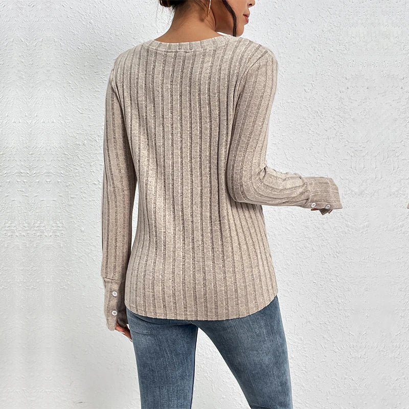 Lace V-Neck Vertical Stripe Long Sleeve Top