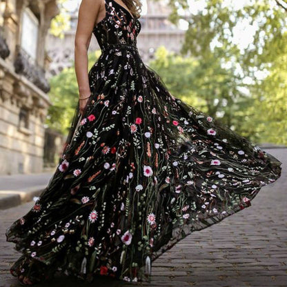 Backless Dress Floral Embroider Deep V-Neck Sleeveless Big Hem Long Dress