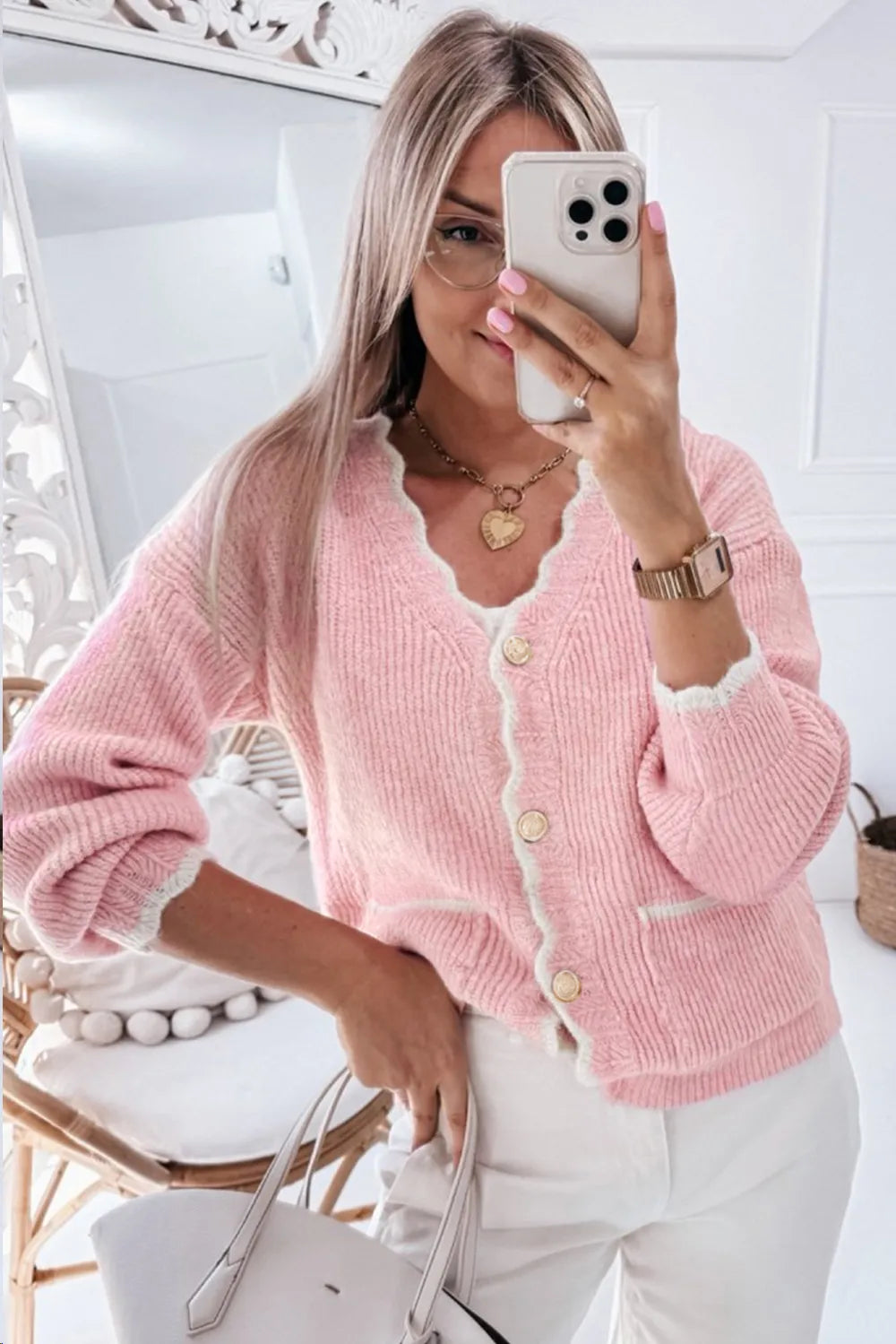 Contrast Trim V-Neck Long Sleeve Cardigan - -