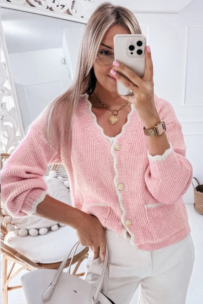 Contrast Trim V-Neck Long Sleeve Cardigan - -
