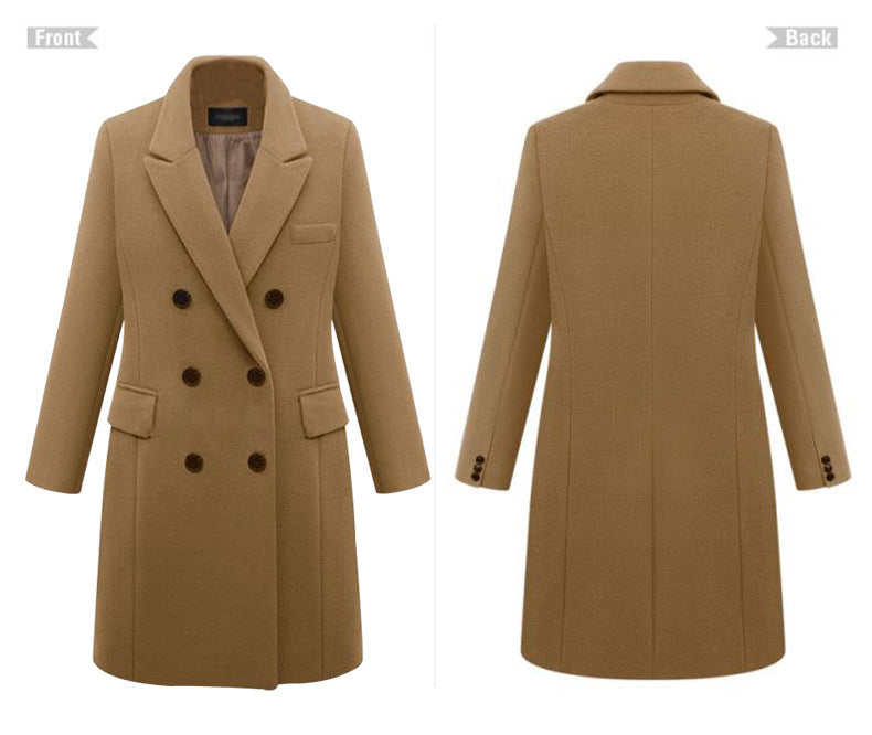 Women Lapel Collar Double Breasted Coats Solid Woolen Overcoat