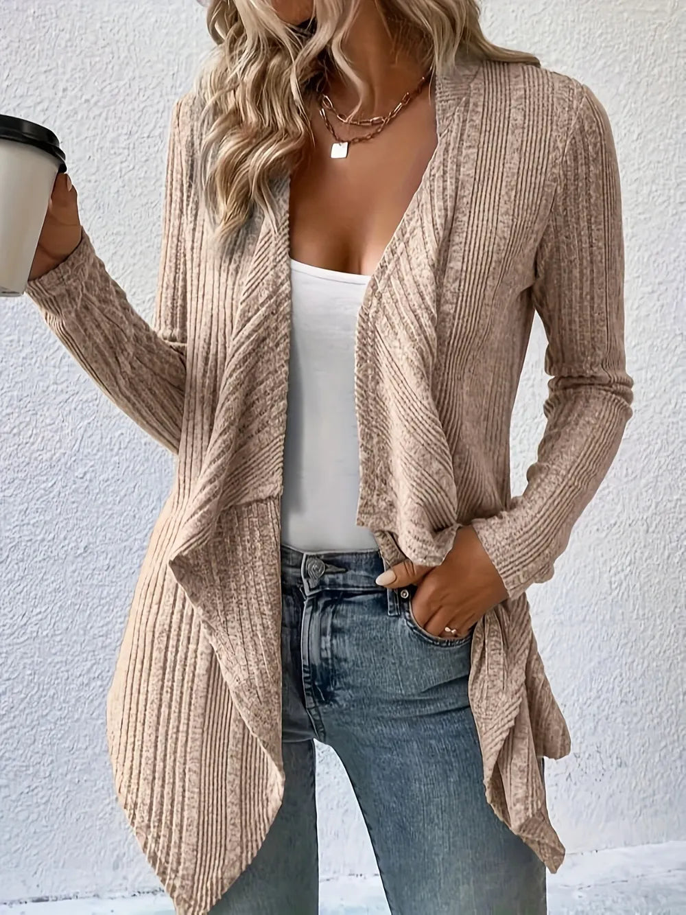 Open Front Long Sleeve Cardigan - -