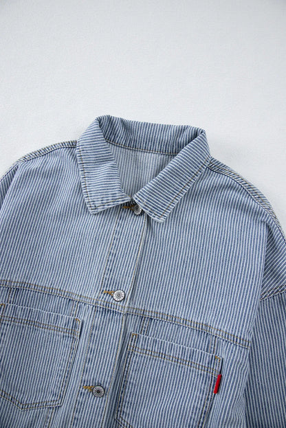 Striped Button Up Long Sleeve Denim Jacket - -