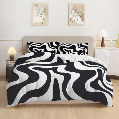 CozyStripes Queen Duvet Set with Ties & Zipper - Black White Stripe 2 Queen (90"*90") - duvet set