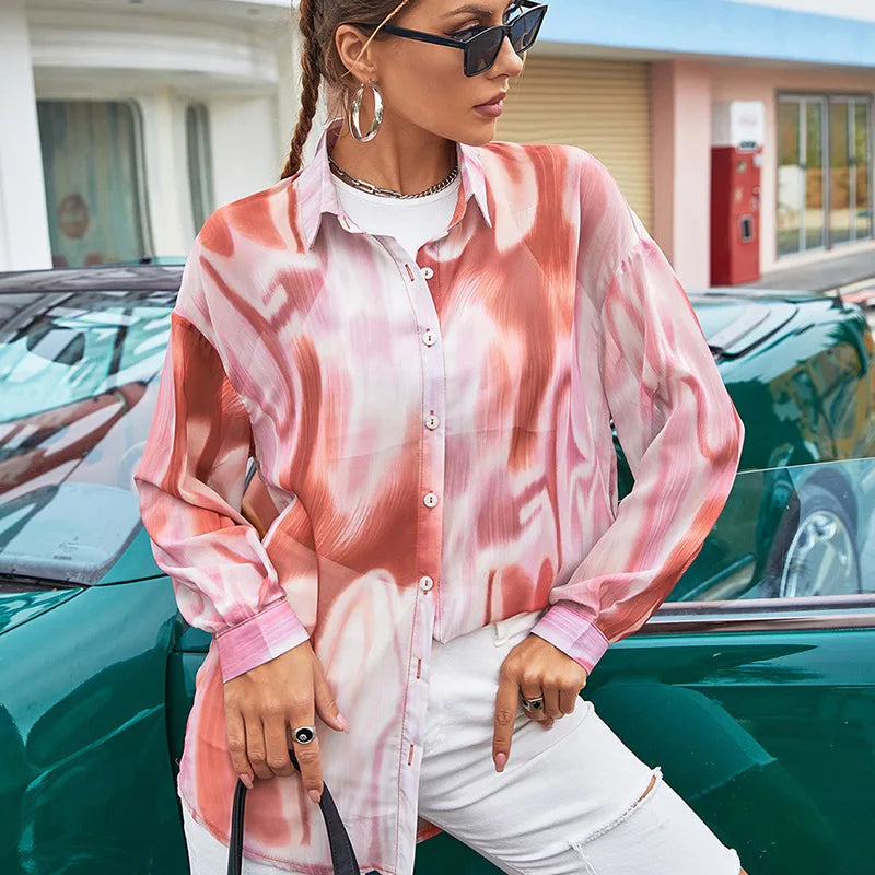 Tie Dye Print Shirt Single Breasted Long Sleeve Loose Ladies Blouse