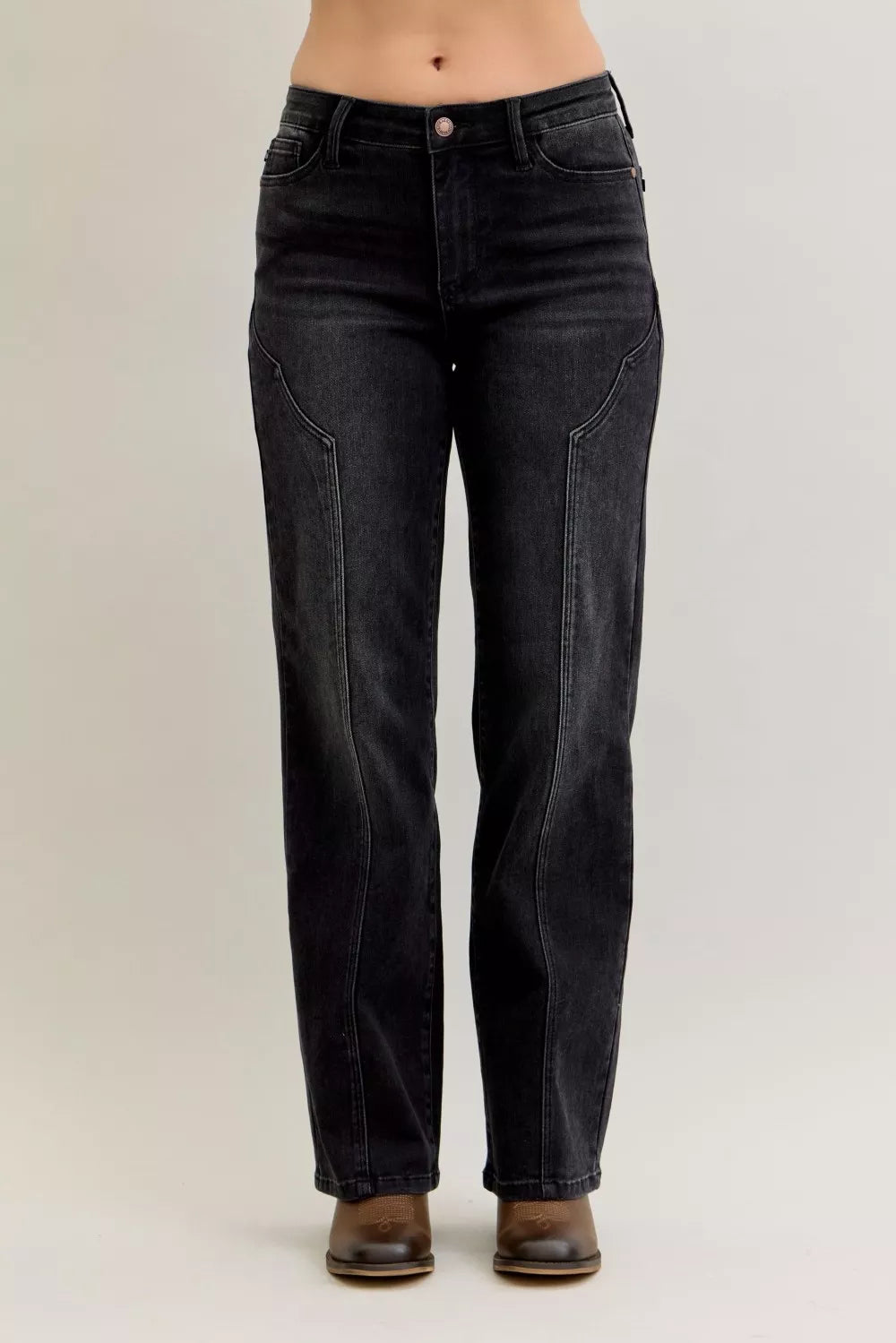 Judy Blue Mid Rise Western Seam Detail Straight Leg Jeans - BK - jeans
