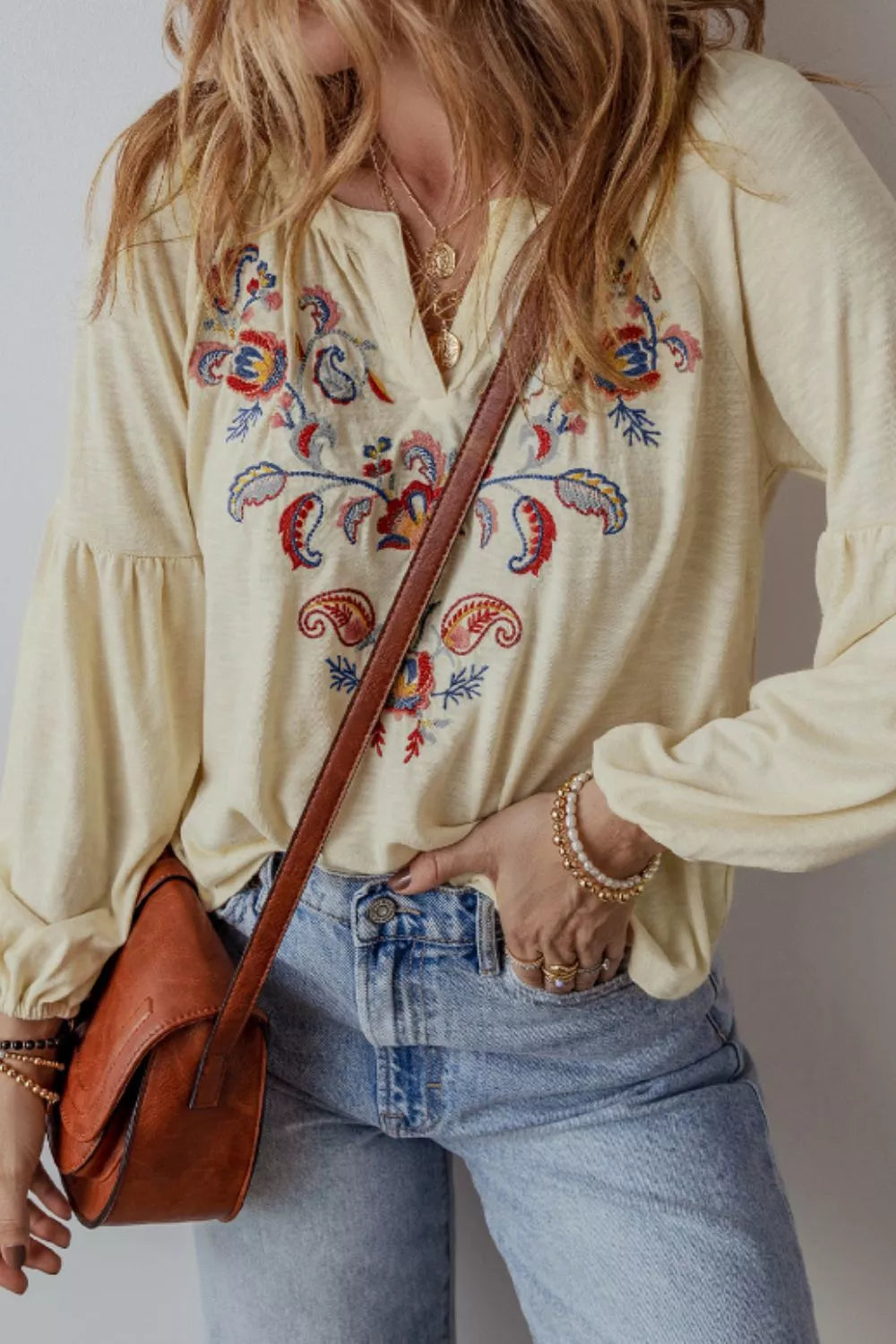 Embroidered Notched Long Sleeve Blouse - -
