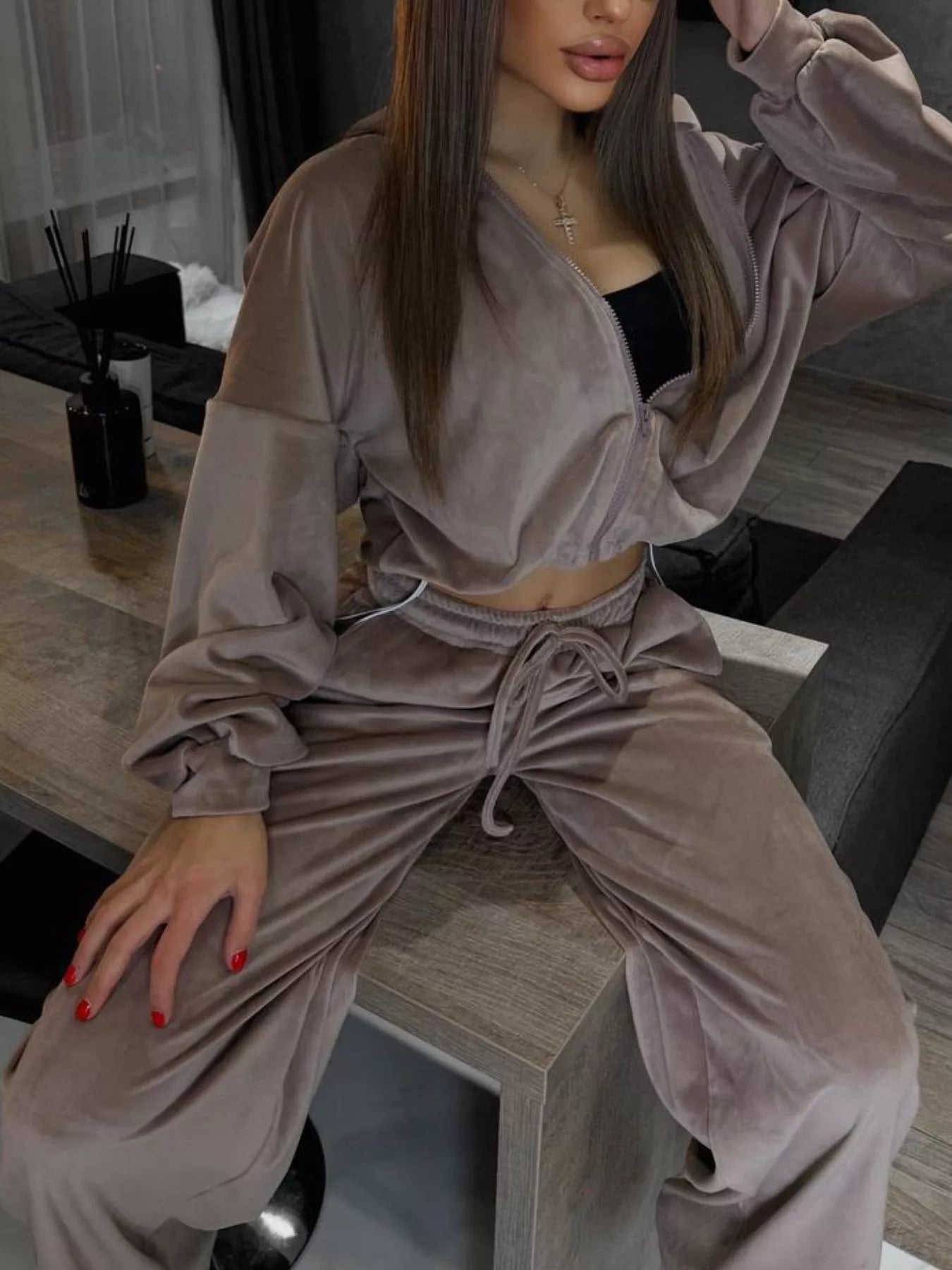 Zip Up Cropped Outerwear and Pants Set - -