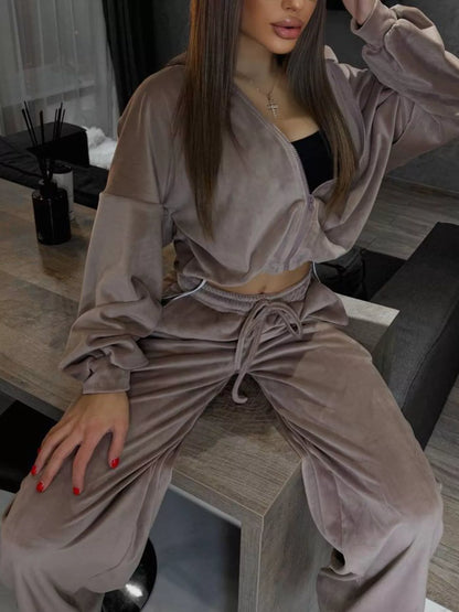Zip Up Cropped Outerwear and Pants Set - -