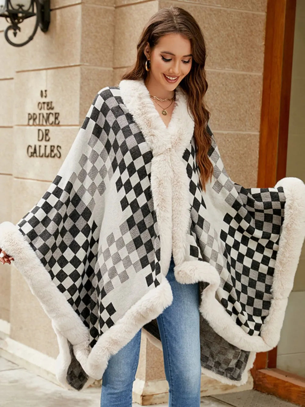 Fuzzy Checkered Long Sleeve Poncho - -