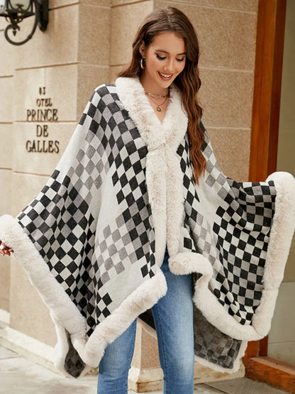 Fuzzy Checkered Long Sleeve Poncho - -