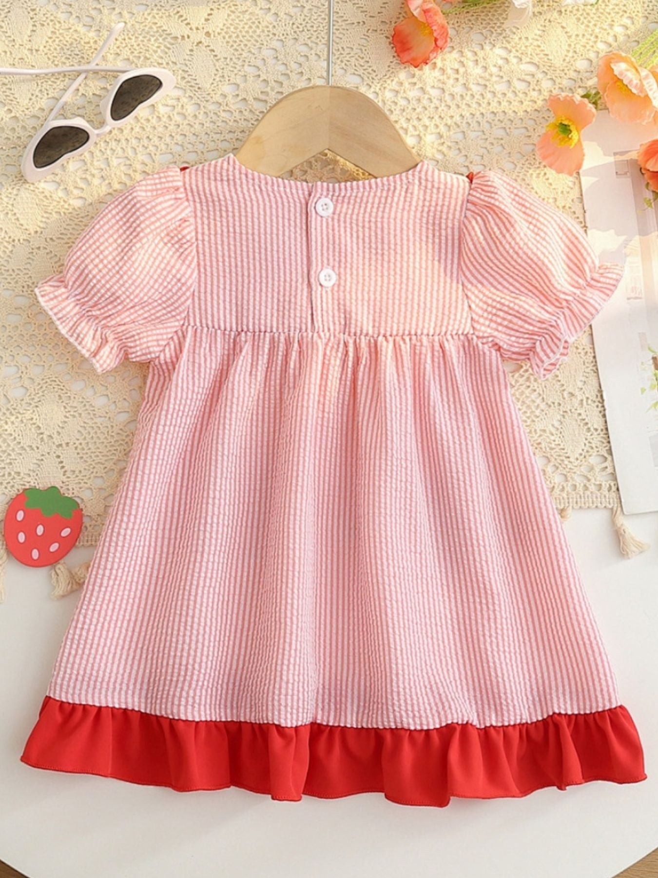 Children's Fruit Embroidered Striped Short Sleeve Dress - -